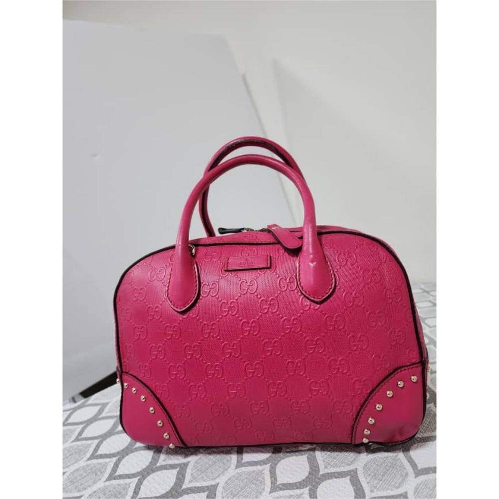 Authentic GUCCI Bright Diamante Textured Leather Top Handle Bag Pink - Picture 1 of 16